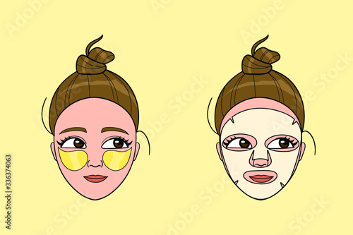 Woman taking skin care spa procedures. Facial beauty sheet mask and eye patches.  wellness, health, get rid of acne, reduce dark circles, dry skin. Korean treatment. Isolated vector illustration.