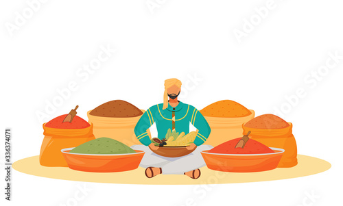 Spice shop flat concept vector illustration. Man sitting in lotus position, condiments street seller 2D cartoon character for web design. Indian traditional flavourings trading creative idea