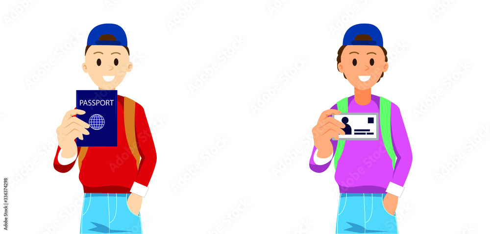 young man holding up a passport, id card or driver license. Age confirmation. A guy proves his purchase  age with a passport. Isolated vector illustration of teenager on white background