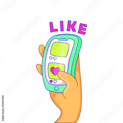 Social media concept. hand with smartphone with like button on the screen. Following subscribing reposting sharing. Social network communication on mobile app. isolated cartoon Vector illustration