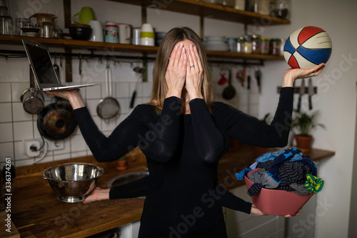 Busy mom doing everything at once.