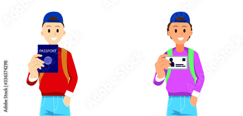 young man holding up a passport, id card or driver license. Age confirmation. A guy proves his purchase  age with a passport. Isolated vector illustration of teenager on white background
