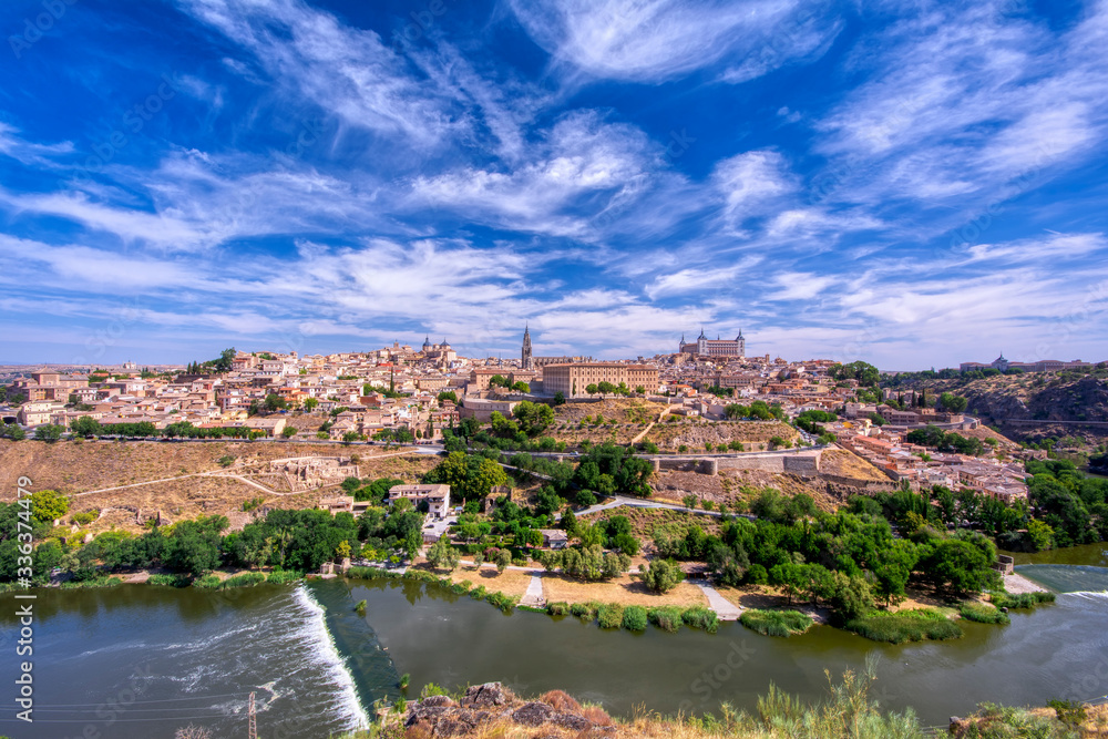 View of the historic city of Toledo with river Tagus, Spain.
