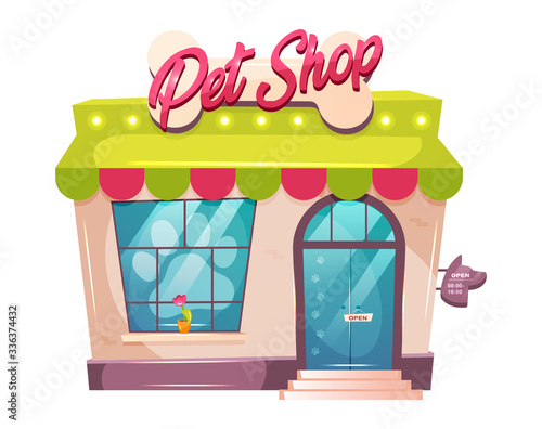 Pet shop cartoon vector illustration. Veterinary building flat color object. Store exterior with striped canopy. Animal shelter storefront. Small building shopfront isolated on white background