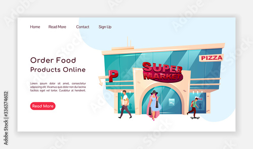 Order food products online landing page flat color vector template. Supermarket homepage layout. Pizza delivery one page website interface with cartoon illustration. Mall web banner, webpage