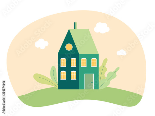 Vector illustration of single family two storey house with Georgian windows garden standing on hill covered with green grass. Pink sky background with clouds. Smart home sustainable living concept