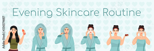Female evening skincare routine flat color vector characters set. Face daily procedures isolated cartoon illustrations on white background. Girl removing make up, applying sheet mask and cream