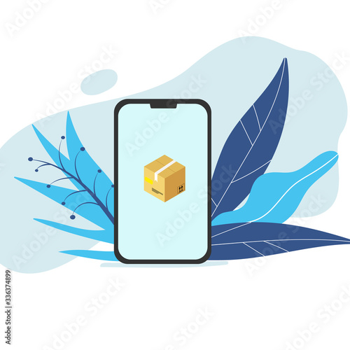 Smartphone screen with isometric brown cardboard box with white scotch tape address label shipment signs on nature background. Contactless home delivery through online order service of groceries goods