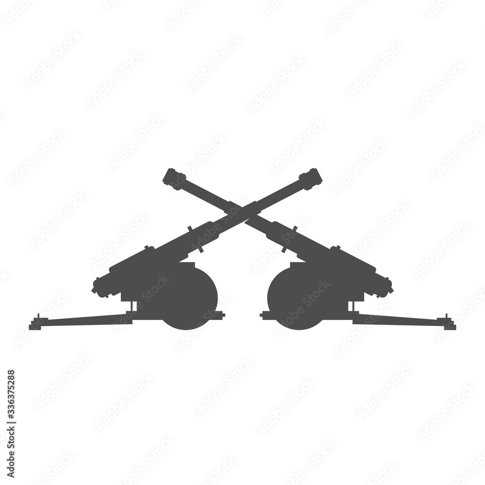 Crossed Military Combat Battle Artillery Guns - Vector Illustration Black Silhouette.