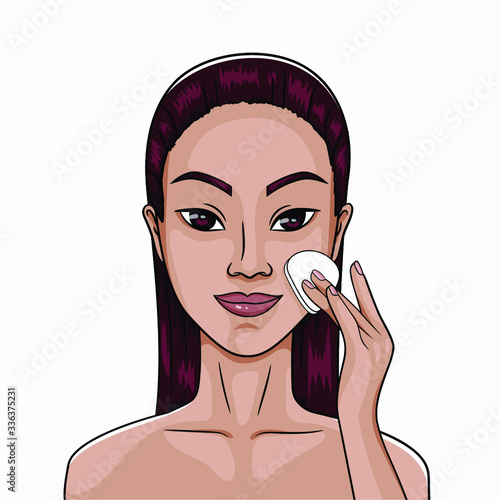 beautiful asian woman cleans her face with a pad. remove make up, put a lotion or tonic on a skin. acne skin care daily routine. moisturize and nourish skin. cosmetic procedure. Isolated vector