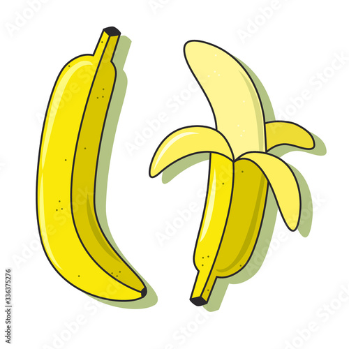 banana ripe yellow tropical fruit. cartoon outline style. peeled banana. Isolated vector stock illustration on white background