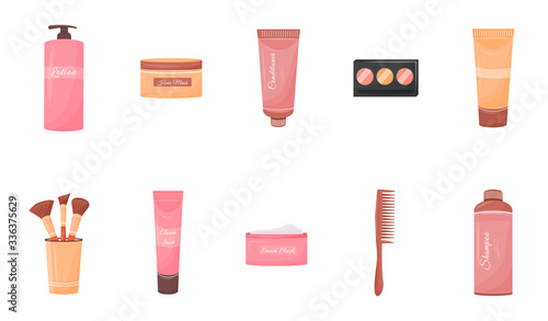 Cosmetics containers flat color vector objects set. Hair shampoo and conditioner. Face lotion and cream. Beauty products tubes and bottles 2D isolated cartoon illustrations on white background