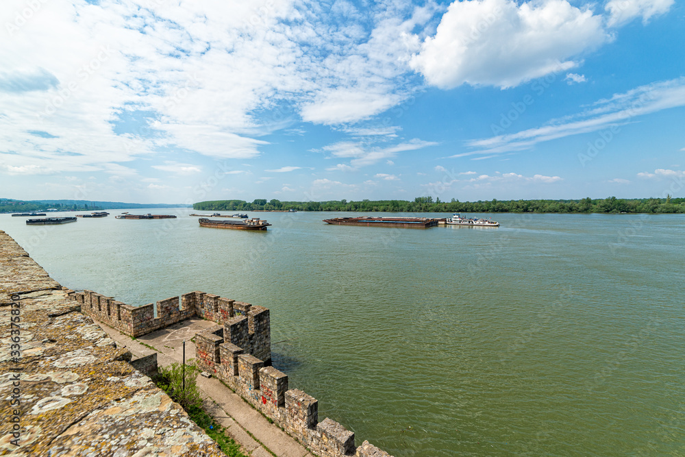 Smederevo, Serbia - May 02, 2019: The Smederevo Fortress is a medieval fortified city in Smederevo, Serbia. View of the Danube River from the fort