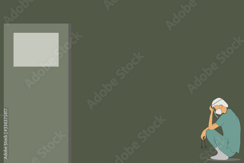 Vector - Doctor wearing uniform, mask and face shield sitting on ground floor in hospital. Feel tired, dissatisfied, sadness. Health care concept. Copy space for any text design.