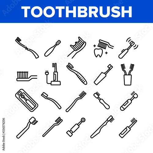 Toothbrush Equipment Collection Icons Set Vector. Classical And Electronic Toothbrush Device For Cleaning Tooth  In Cup And Package Concept Linear Pictograms. Monochrome Contour Illustrations
