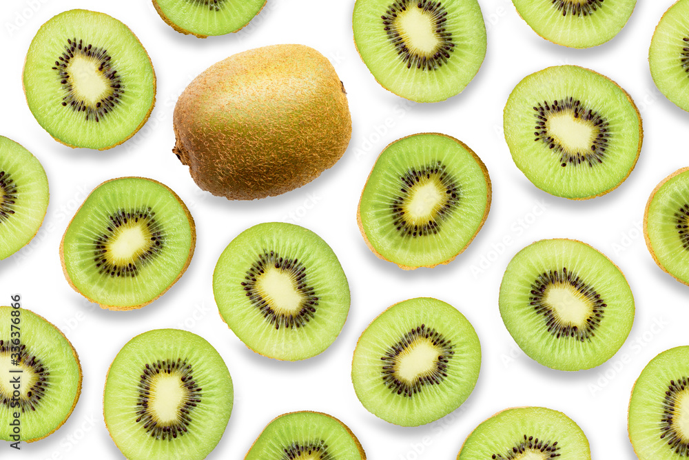 Fototapeta premium Fresh organic ripe whole kiwi fruit and slices isolated on white background. 