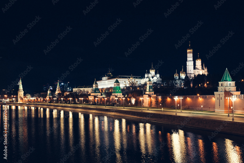 Night view of Kremlin and the embankment, which are absolutely empty due to a quarantine