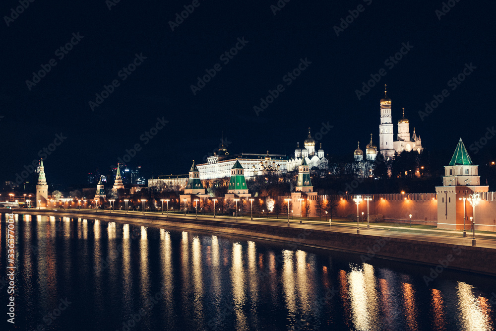 Night view of Kremlin and the embankment, which are absolutely empty due to a quarantine Night view of Kremlin and the embankment, which are absolutely empty due to a quarantine