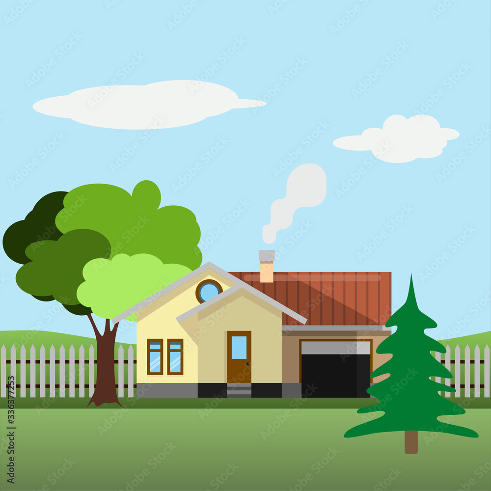 Green landscape with lonely house and trees Green landscape with lonely house and trees