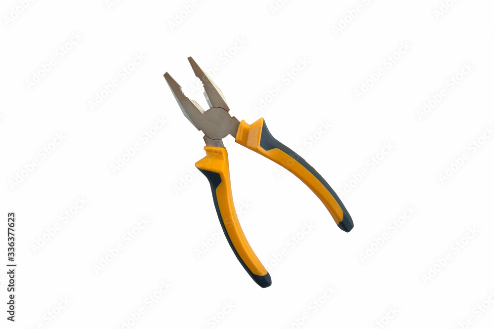 One new metal pliers with rubber handles black and yellow color. One new metal pliers with rubber handles black and yellow color.