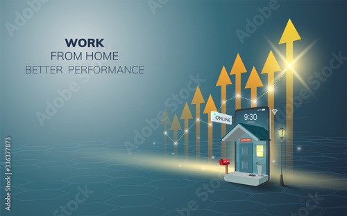 Digital Online Work from home increase performance on phone, mobile website background. social distance concept. decor by home wifi mobile. 3D vector Illustration. flat design pastel - copy space