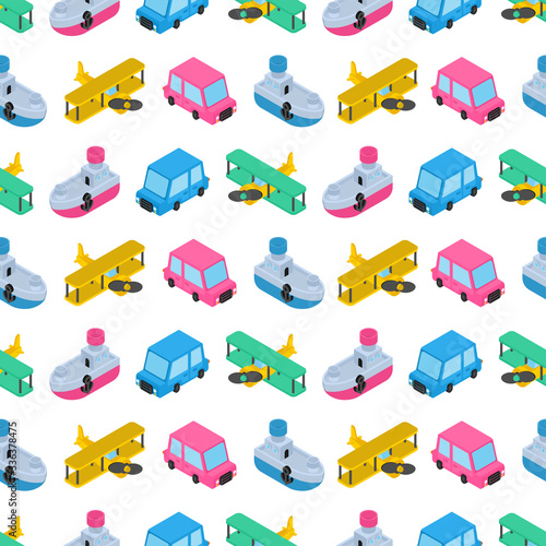 Toy transport cartoon style pattern seamless. Car and Plane, Steamboat. Auto and Ship, aircraft Kids Style background.  Baby fabric texture. vector ornament