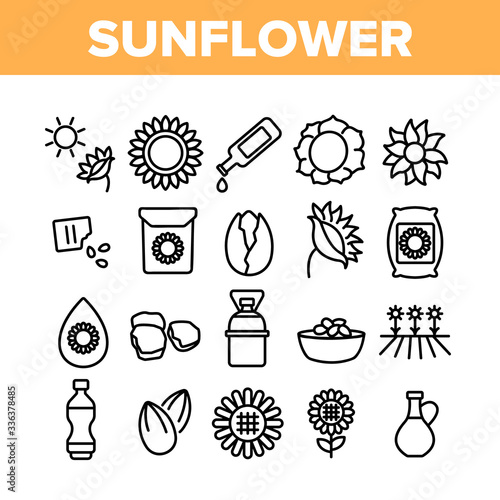Sunflower Products Collection Icons Set Vector. Sunflower Oil And Seeds, Agricultural Herbal Flower And Sun, Bottle And Bag Concept Linear Pictograms. Monochrome Contour Illustrations