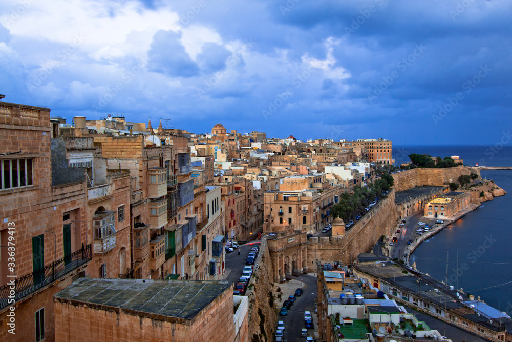 Panoramic view of the Grand Harbour (Il-Port il-Kbir) of Valletta, Malta, seen from the Upper Barrakka Gardens on the upper tier of the St. Peter & Paul Bastion