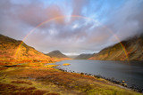 Full Rainbow Over Dramatic Landscape View Of Wastwater Lake In The Lake District National Park, United Kingdom.