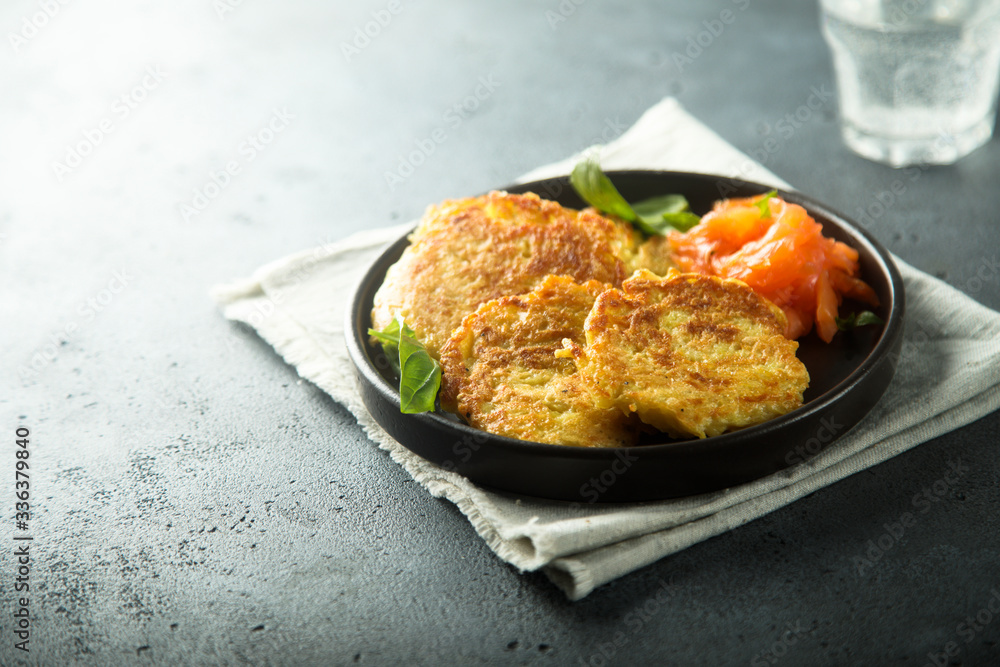 Homemade potato latkes with smoked salmon Homemade potato latkes with smoked salmon