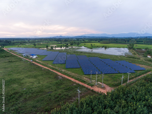 Aerial view, electric power plant Solar energy,Solar power panel on sky background, green clean Alternative power energy concept.