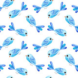 Seamless pattern with blue birds, watercolor painting. Children's design. Watercolor illustration in Scandinavian style for t-shirts, fabrics, stickers, packaging paper