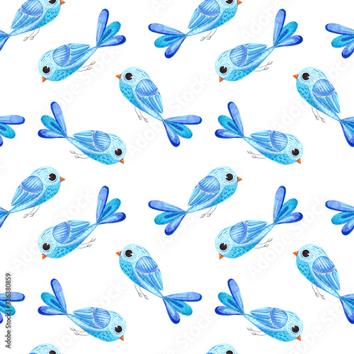 Seamless pattern with blue birds, watercolor painting. Children's design. Watercolor illustration in Scandinavian style for t-shirts, fabrics, stickers, packaging paper