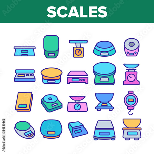 Scales Measuring Tool Collection Icons Set Vector. Domestic Kitchen Scales, Mechanical And Electronic Measurement Equipment For Weigh Concept Linear Pictograms. Color Illustrations