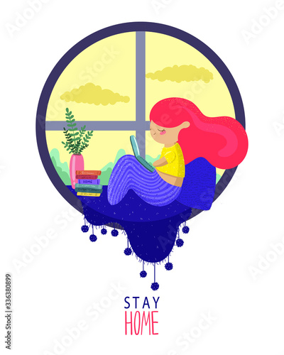 Stay home.Self isolation concept. Girl working from home.Stay home cartoon banner template. Coronavirus. . Covid-2019.  Cartoon flat vector illustration
