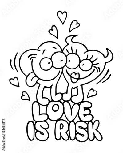 love hearts are hugging  hearts with devilish horns  love is risk  valentine s day theme  black and white cartoon