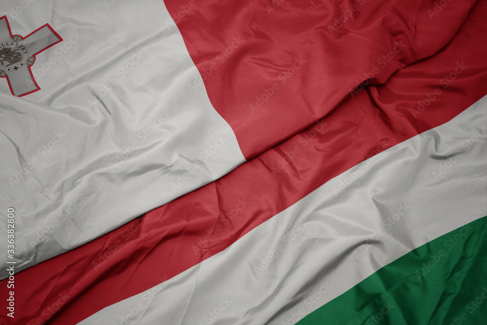waving colorful flag of hungary and national flag of malta. waving colorful flag of hungary and national flag of malta.