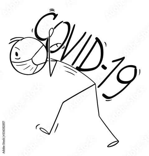 Vector cartoon stick figure drawing conceptual illustration of frustrated man overloaded carrying heavy thoughts and stress of thinking about coronavirus COVID-19 epidemic infection.
