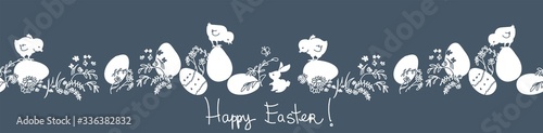 Easter eggs, bunnies, flowers. Horizontal seamless pattern. Cute background, great for Easter Cards, banner, textiles, wallpapers. Vector design