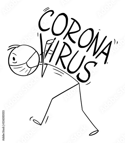 Vector cartoon stick figure drawing conceptual illustration of frustrated man overloaded carrying heavy thoughts and stress of thinking about coronavirus COVID-19 epidemic infection.