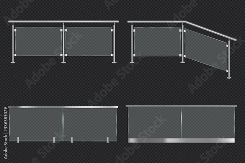 Glass balustrade with iron banister front and angle view. Vector realistic mockup of different sections of clear acrylic fence with metal railing isolated on transparent background