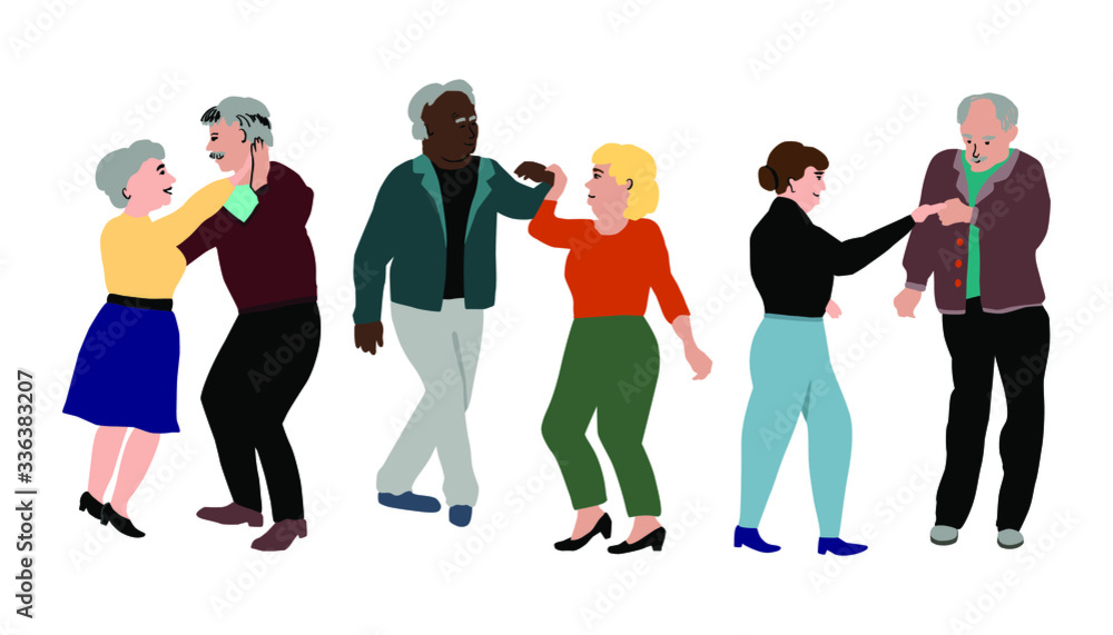 Nursing home Three dancing couples horizontal flat style vector illustration. Active old people dance together. Illustration of grandparents spending time in a dance class. Аctive old age concept Nursing home Three dancing couples horizontal flat style vector illustration. Active old people dance together. Illustration of grandparents spending time in a dance class. Аctive old age concept