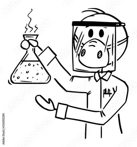 Vector cartoon stick figure drawing conceptual illustration of scientist working in laboratory and wearing face shield and mask showing dangerous chemical or biological sample. Infection or medicine