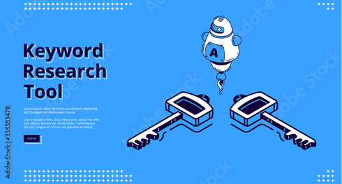 Keyword research tool banner with isometric icons on blue background. Vector landing page of SEO optimization service with line art robot, chatbot with artificial intelligence