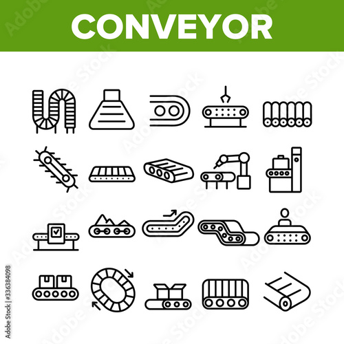 Conveyor Factory Tool Collection Icons Set Vector. Conveyor Plant Industrial Equipment For Transportation And Distribution Product Concept Linear Pictograms. Monochrome Contour Illustrations