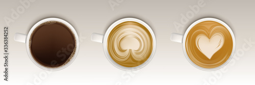 Coffee cups top view set, realistic mugs with hot beverages and cream foam heart design. Assortment of black espresso, cappuccino and latte drinks isolated on white background, 3d vector clip art