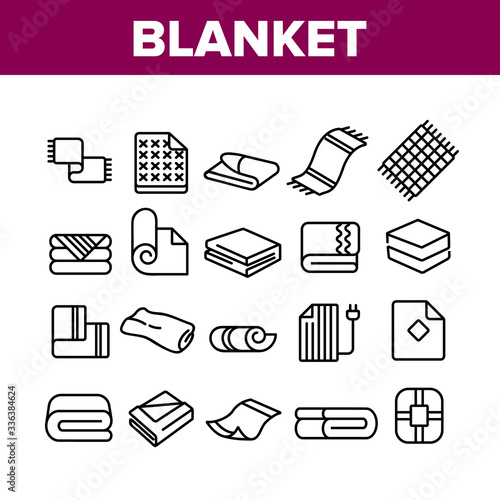 Blanket And Towel Collection Icons Set Vector. Electronic Blanket With Heating, Fabric Bathroom Accessory, Twisted Plaid Concept Linear Pictograms. Monochrome Contour Illustrations