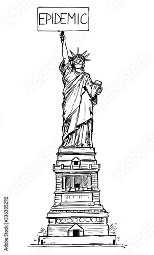 Vector Drawing Illustration of the Statue of Liberty Wearing face mask protection and holding epidemic sign due the coronavirus COVID-19 outbreak in the New York City, United States.