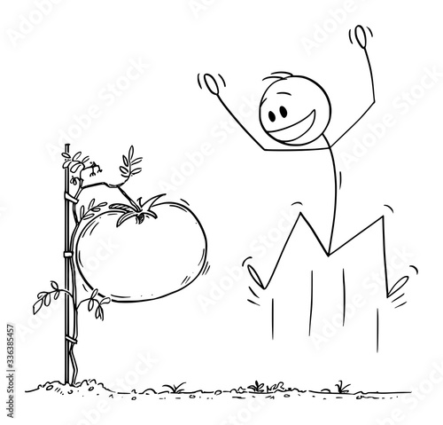 Vector cartoon stick figure drawing conceptual illustration of man or farmer, jumping and celebrating big or giant tomato growing on plant on his garden or farm.