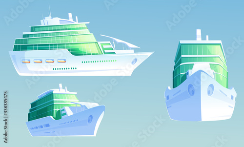 Cruise ship. Luxury passenger liner for summer vacation and sea travel. Vector cartoon illustration of big cruise ship for ocean trip in front and side view